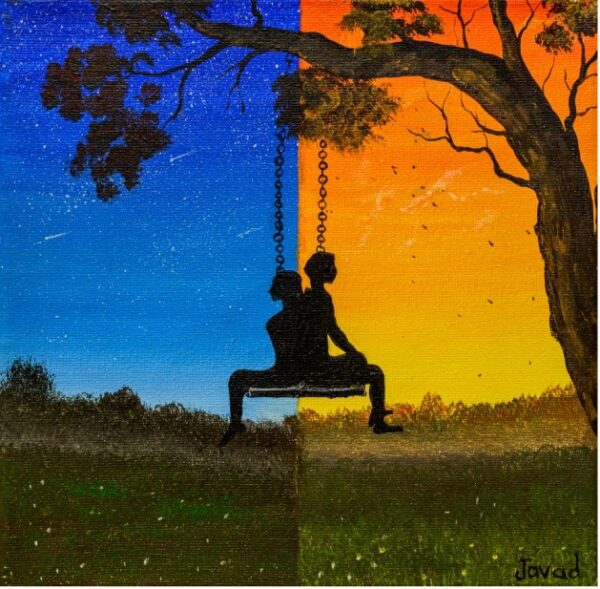 Swingset at day and night painting