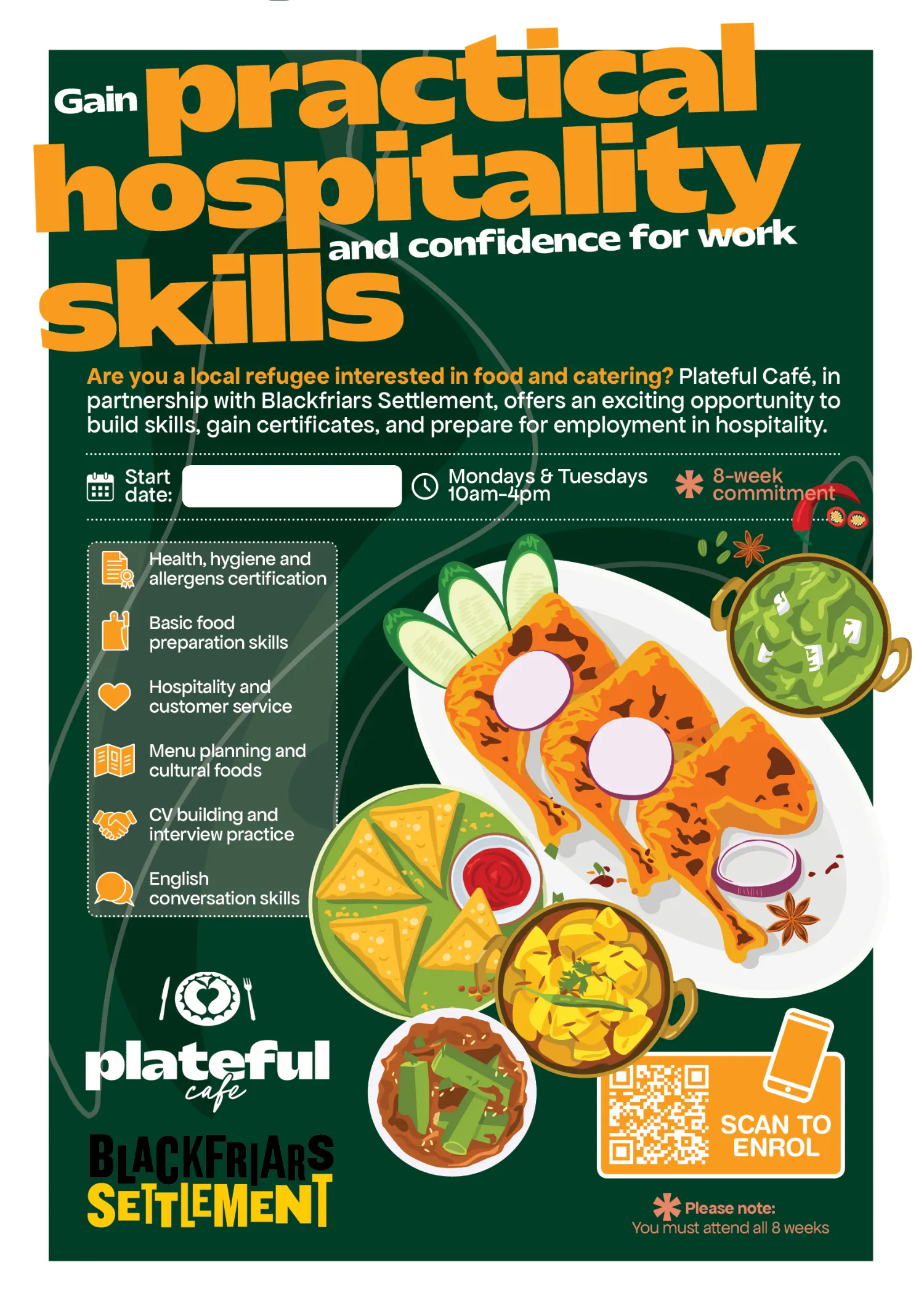Plateful Cafe and Blackfriars Settlement Refugee Hospitality Training flyer