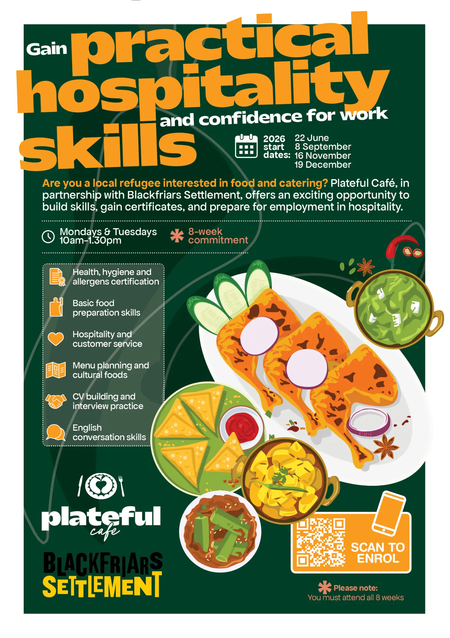 Plateful Cafe and Blackfriars Settlement Refugee Hospitality Training flyer