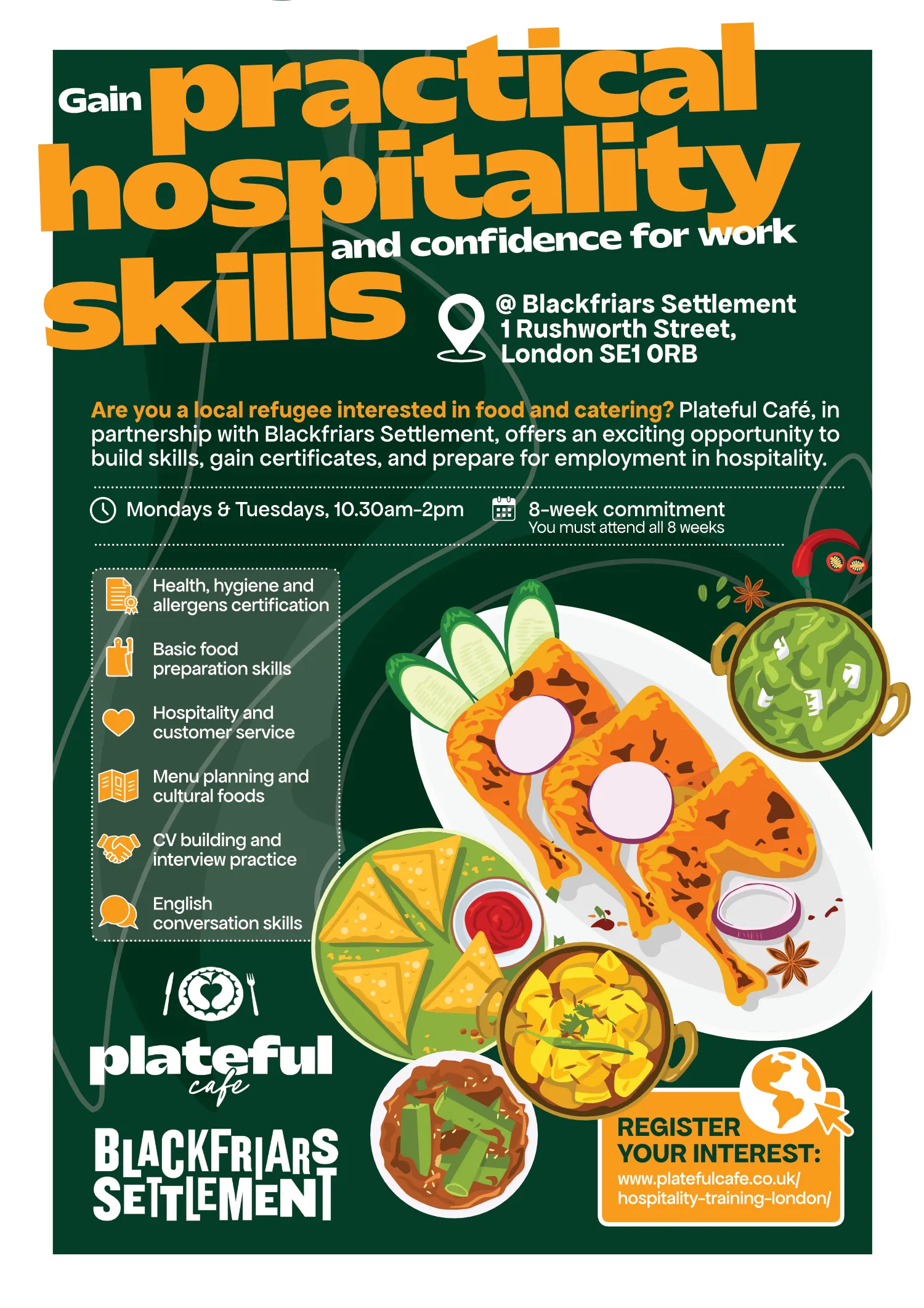 Plateful Cafe and Blackfriars Settlement Refugee Hospitality Training flyer